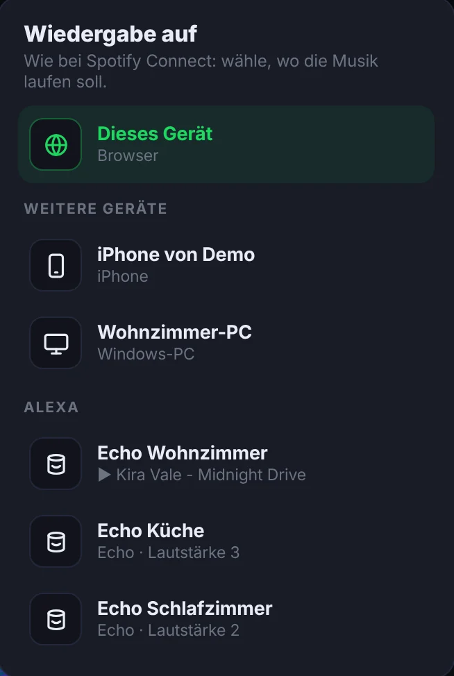 Melodia-Geräteauswahl mit Echo Wohnzimmer, Küche und Schlafzimmer