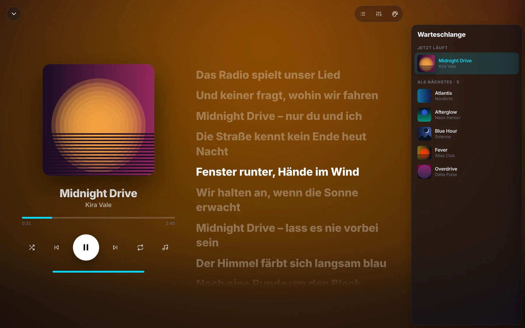 Vollbild-Player mit mitlaufendem Songtext