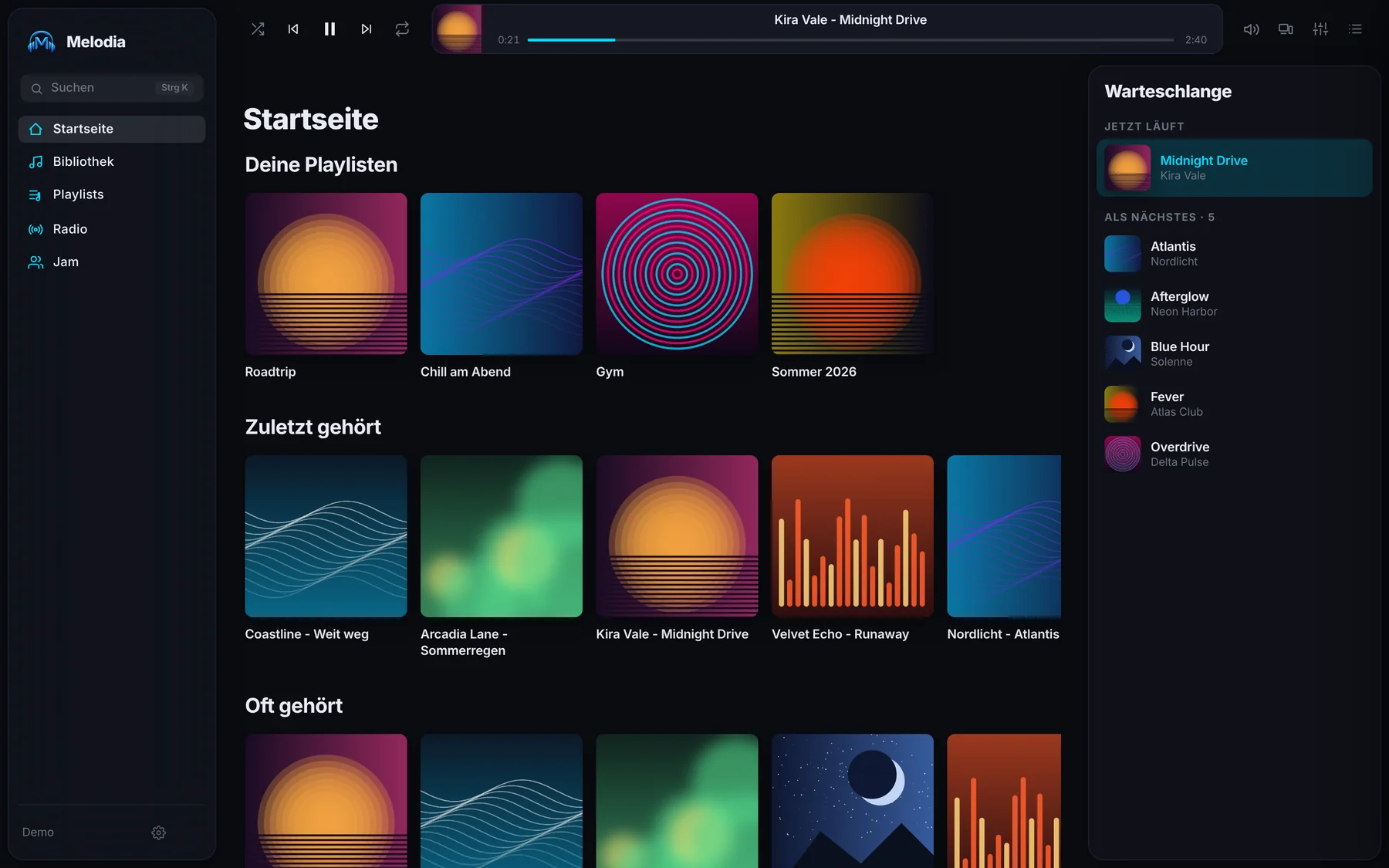 Melodia am PC: Startseite mit Playlisten, zuletzt gehörten Titeln und Warteschlange